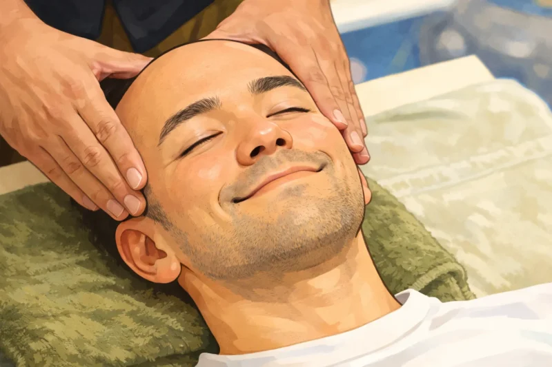 頭の形矯正を受けるスキンヘッドの男性