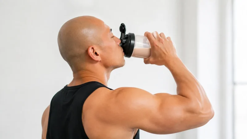 プロテインを飲むスキンヘッドの男性